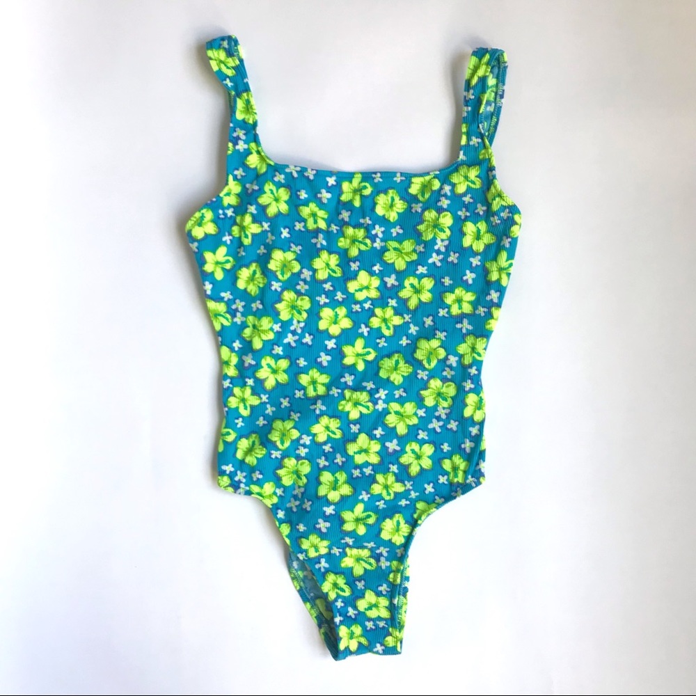 Vintage 90s Y2K Hot Coles One Piece Neon Floral Hi Cut Ribbed Swimsuit L